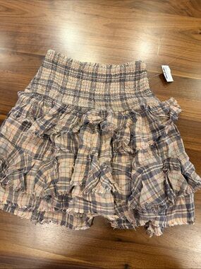 Free People Plaid Tiered Ruffle Mini Skirt in Beige and Blue